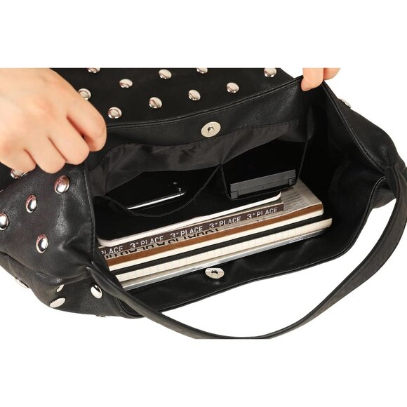 Signature Punk Studded Shoulder Bag: Elegant Vegan Leather with Magnetic Closure - Picture 3 of 6